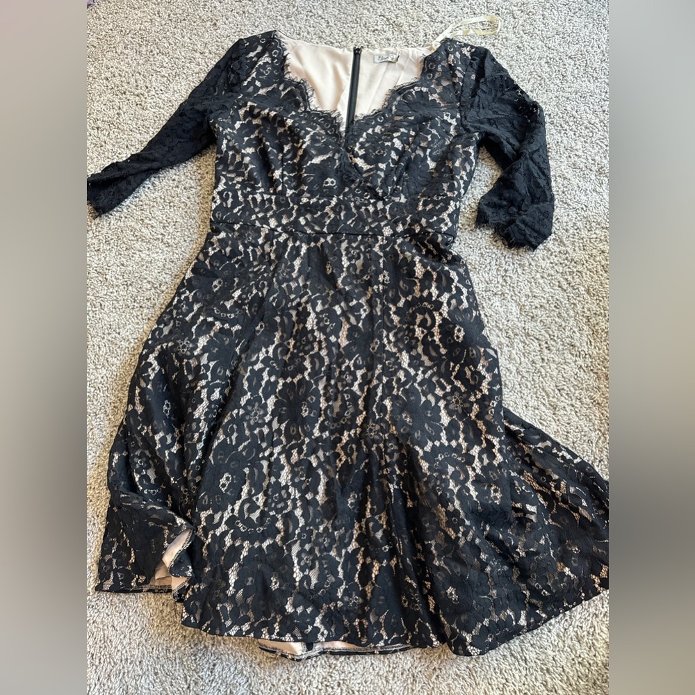 Eliza J Black and Tan Fit and Flare Dress with Bishop Sleeves